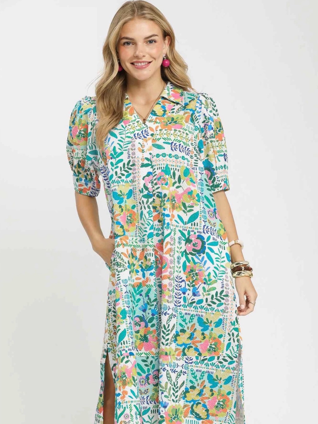 Umgee Folk Print Midi Dress With Side Pockets